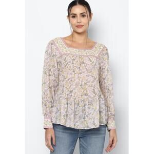 American Eagle Pink Yellow Floral Boho Peasant Top Long Sleeve Blouse size XS